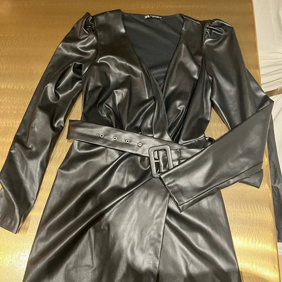 Black Leather V-neck Mini Dress - Picture 1 of 5